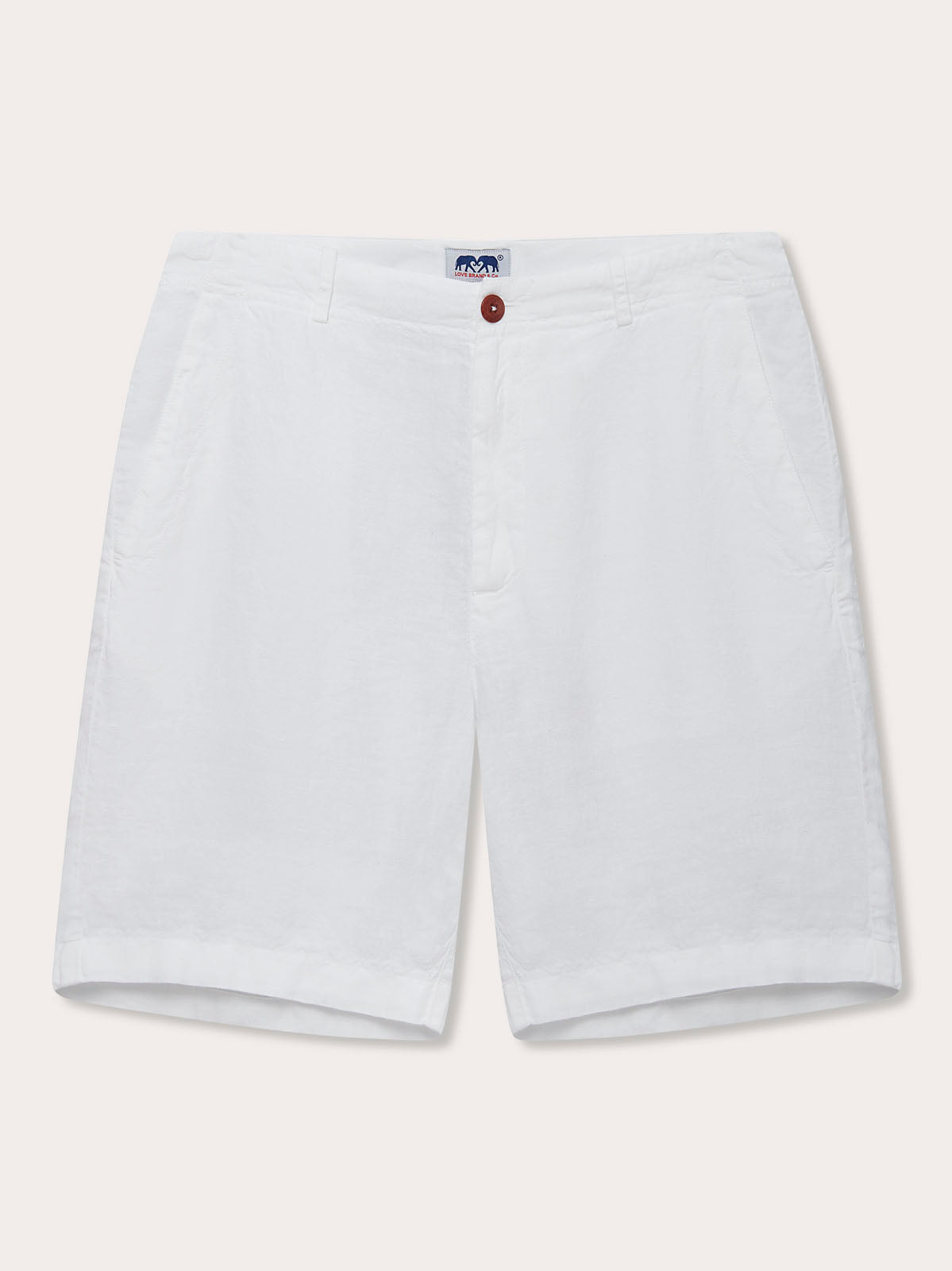 Front view of Men's White Burrow Linen Shorts. White linen shorts in a relaxed fit with pockets.