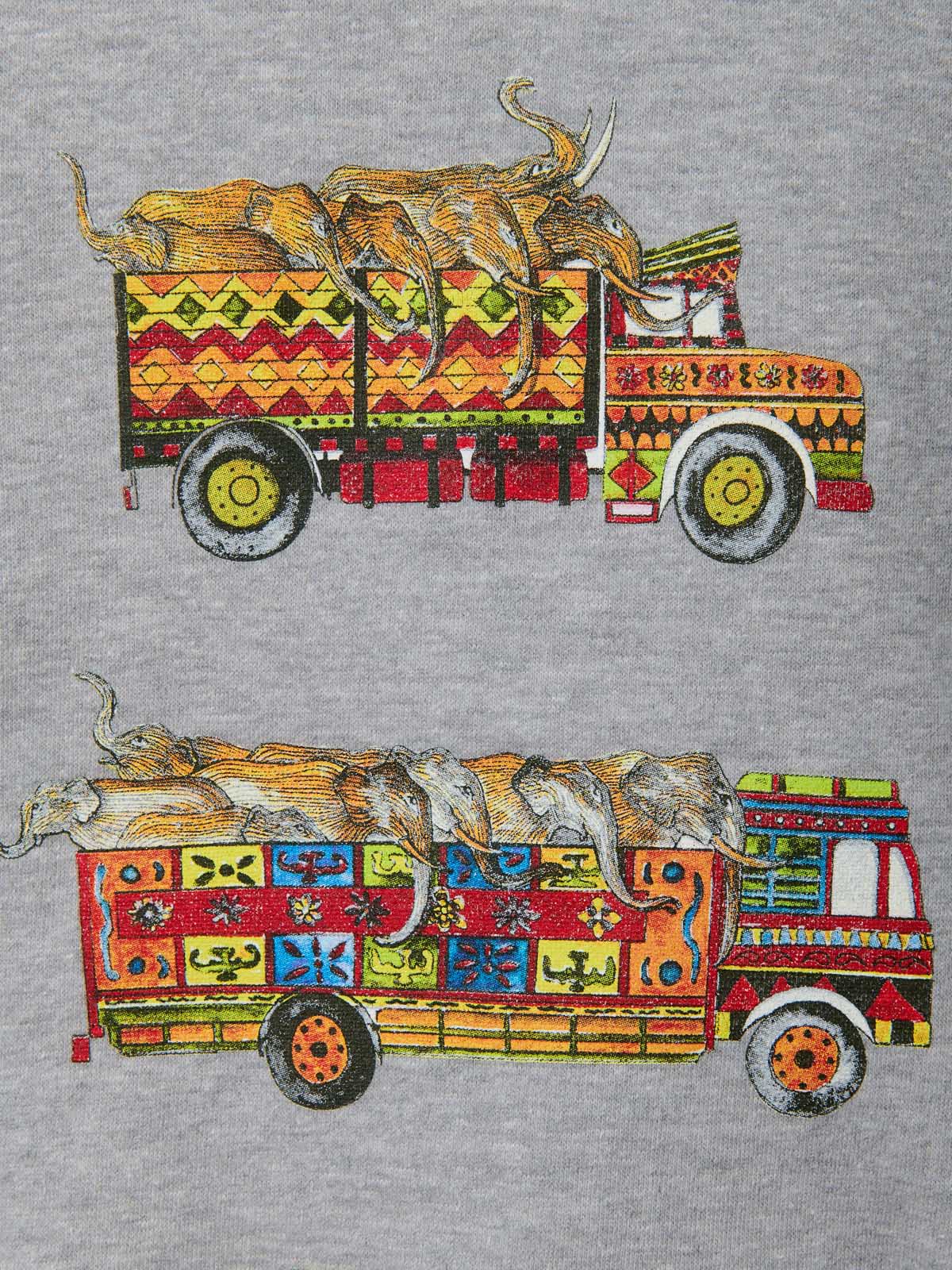 Kids Heather Grey Hoodie "All Herded Up and Ready To Go" with exclusive artwork by Elephant Family ambassador Rebecca Campbell, featuring colorful trucks and animals, made of 55% recycled cotton and 45% recycled polyester.