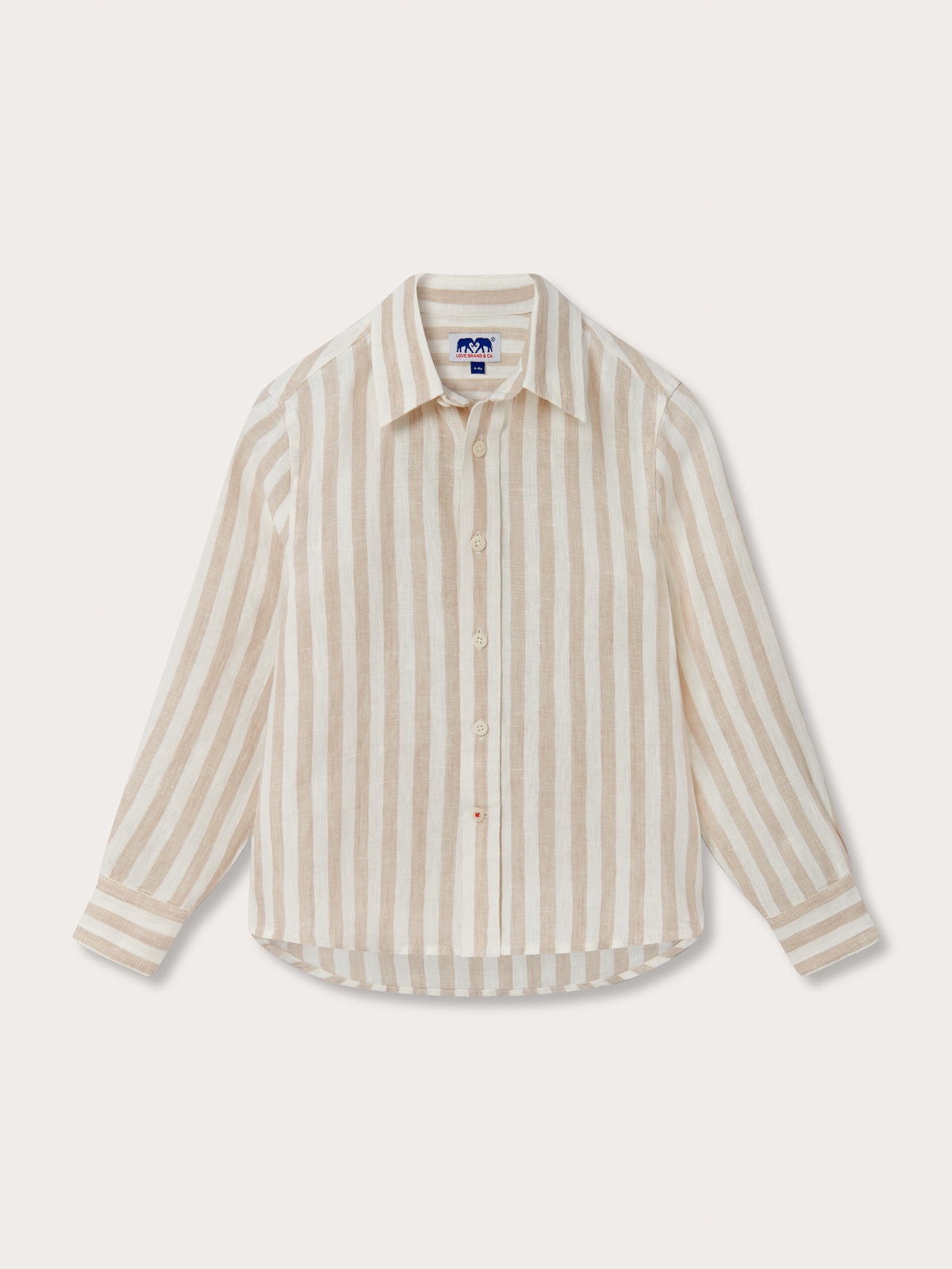Front view of Kids Coconut Stripe Abaco Linen Shirt. Long-sleeved children's shirt with brown and white striped pattern.