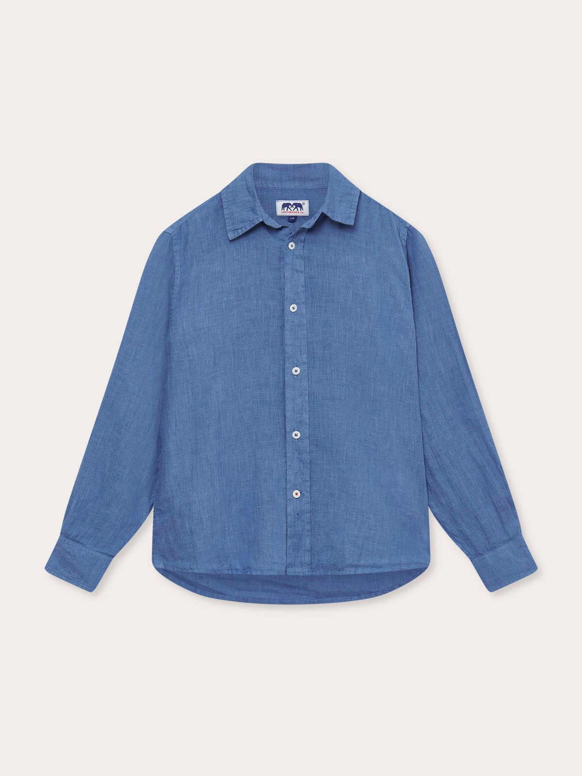 Front view of Kids Deep Blue Abaco Linen Shirt. Blue kids shirt with long-sleeved and buttons in a relaxed fit.