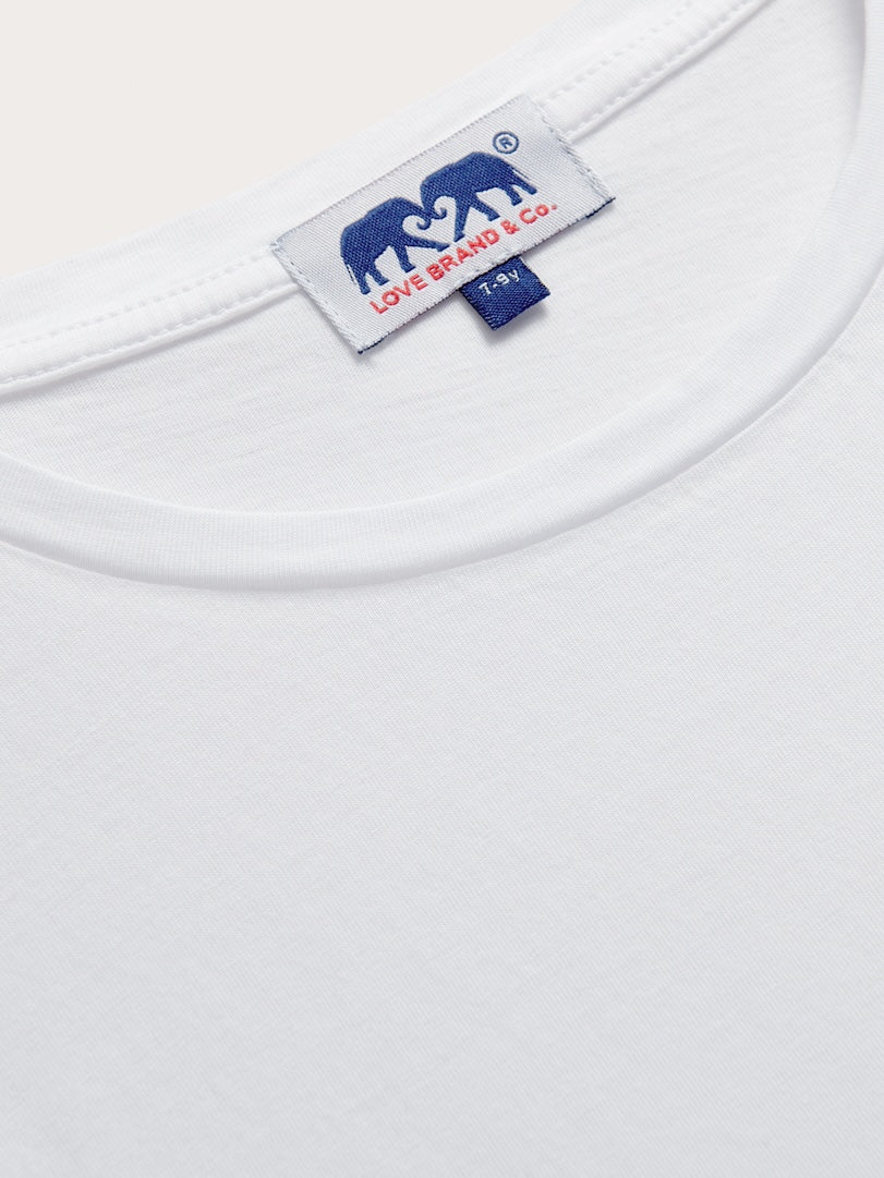 Detailed view of Kids White Lockhart With Tab T-Shirt. White cotton t-shirt for kids.
