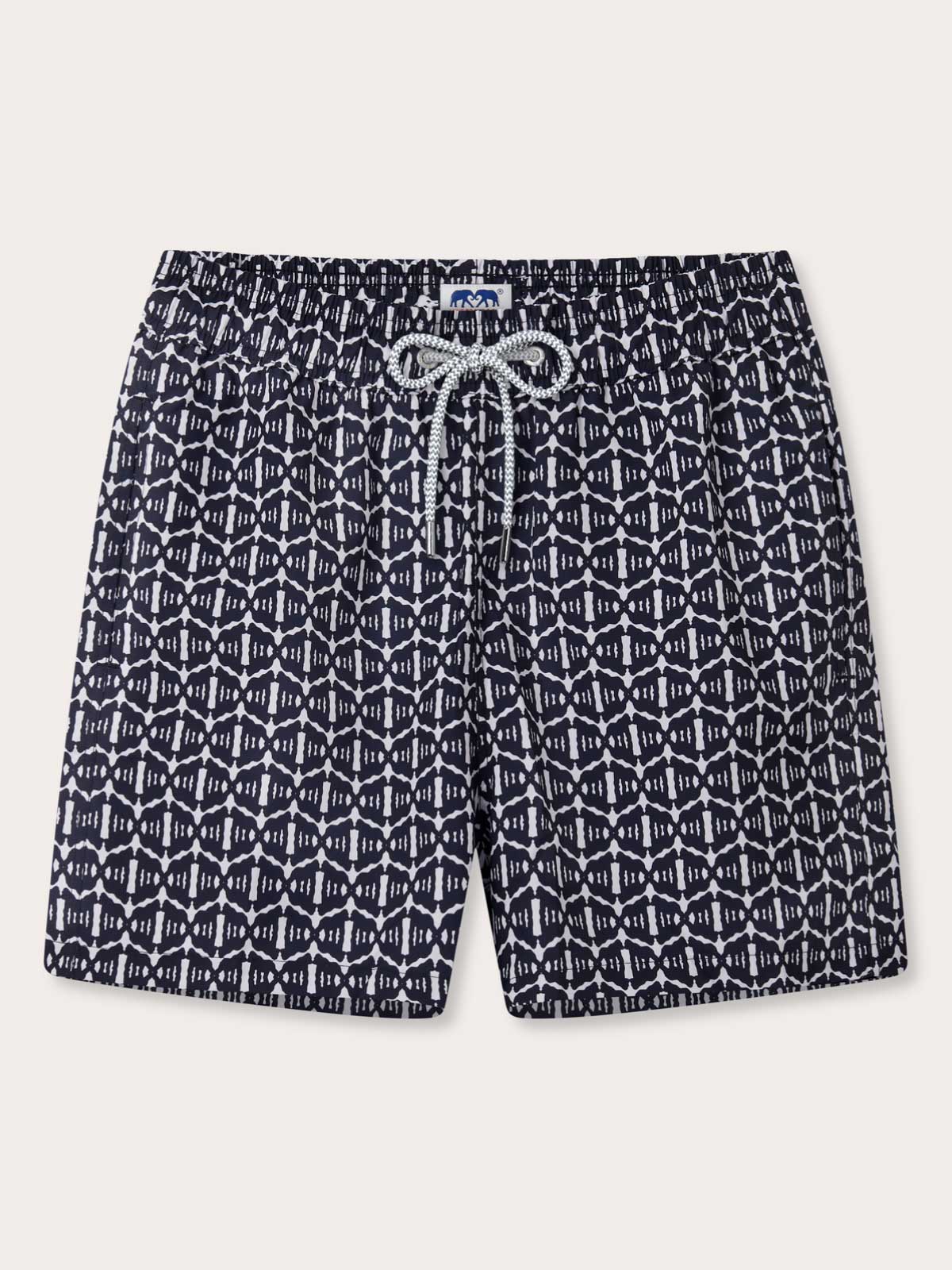 Front view of Men's Gorilla Gossip Staniel Swim Shorts. Navy and white swimming shorts with drawstring waist and pockets.
