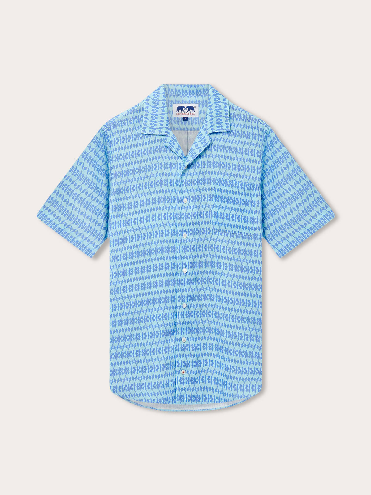 Men's Camel Mirage Sky Arawak Linen Shirt with intricate blue and white desert-inspired design celebrating UAE's environmental efforts.